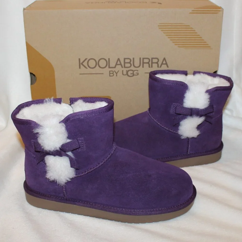 NIB UGG KOOLABURRA GIRL'S SUEDE FUR‎ LINED MINI BOW BOOTS PURPLE